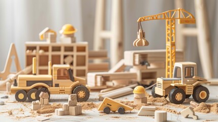 Assortment of wooden toy construction vehicles and crane at a miniature site on a beige carpet. - obrazy, fototapety, plakaty
