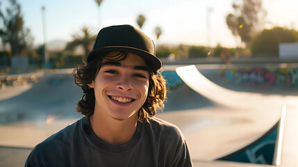 Smiling teen Skater boy with long dark hair and ball cap at the skate park , Copy Space - obrazy, fototapety, plakaty