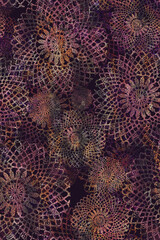 Lace mandala crochet seamless pattern. Endless texture on dark violet background.