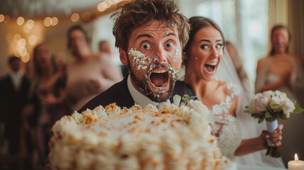 Having His Cake and Wearing it too.  The Fun Side of a Wedding Reception - obrazy, fototapety, plakaty