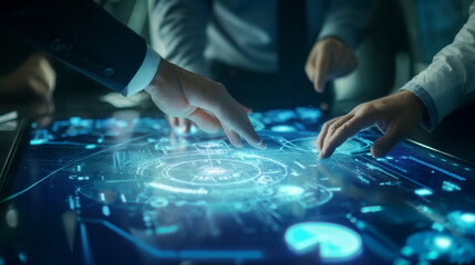 Diverse group of experts collaborating on a project, using a high-tech table displaying interactive data, with natural light enhancing the digital interface. , natural light, soft - obrazy, fototapety, plakaty