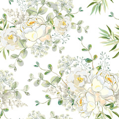 Rose flowers, green leaves, white background. Floral illustration. Vector seamless pattern. Botanical design. Nature garden plants. Summer bouquets. Romantic wedding