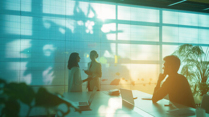 A dynamic brainstorming session where professionals interact with smart surfaces showing real-time updates, highlighted by morning light casting lively shadows. , natural light, so