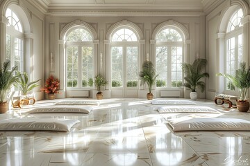 Large beautiful sunny white meditation class with comfortable matts.