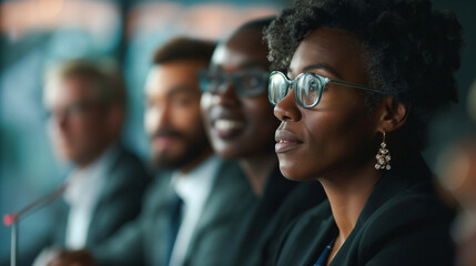 A panel of diverse professionals using smart table technology to display supporting data during a debate, with natural light highlighting their engaged expressions. , natural light