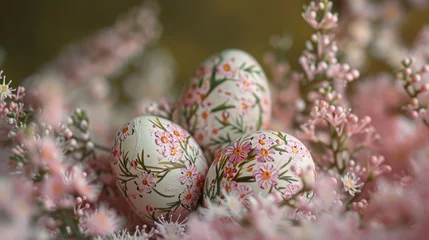 Rolgordijnen Small pink flowers on decorated Easter eggs © 2rogan