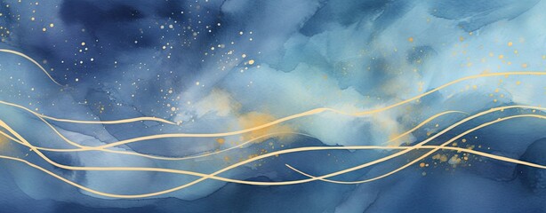 watercolor background in blue colors with golden veins