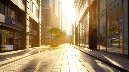 A pedestrian street winds through a commercial area featuring convenience stores at the foot of skyscrapers, all under the bright afternoon sun. , natural light, soft shadows, with