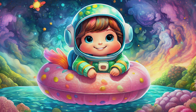 oil painting style CARTOON CHARACTER CUTE BABY astronaut in a full suit lies on a pink flamingo float in deep space,