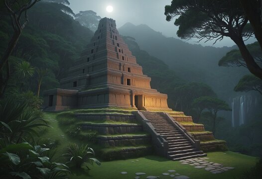 Render of a ancient inca temple in a lush forest at night in Bright Colours 