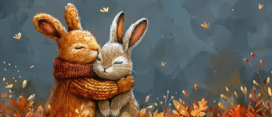 Foto op Aluminium Featuring bear and hare in warm hugs, this clipart is suitable for cards and print projects. © DZMITRY