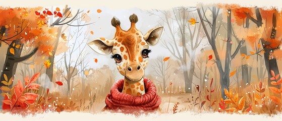Animated cartoon character with giraffe in warm scarf, autumn illustration, good for cards and prints.