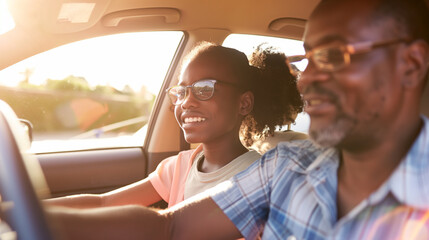 Parents teaching their teenager to drive, sharing a moment of pride and joy in the bright light of a clear day, their expressions lit up by the sun. , natural light, soft shadows,
