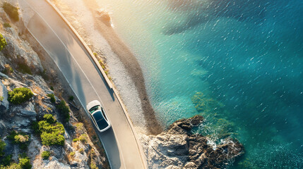 An aerial view of a family's car driving along a coastal road, the open windows letting in sunlight...