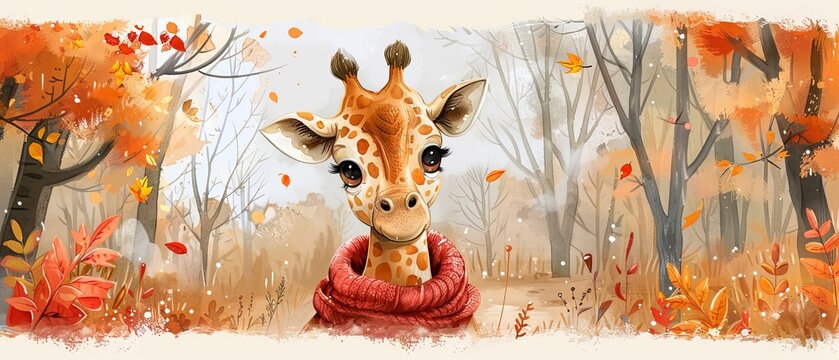 Naklejki Animated cartoon character with giraffe in warm scarf, autumn illustration, good for cards and prints.