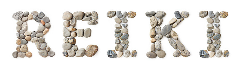Reiki Text Made of Stones Isolated on White Background