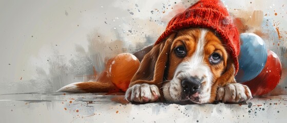 An adorable little basset hound puppy with balloons, in watercolor style, suitable for holiday cards and prints - obrazy, fototapety, plakaty