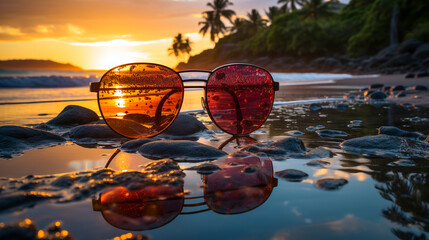 sunglasses on the evening beach at sunset