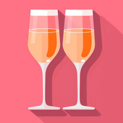 Two champagne stemware glasses casting a long shadow on a pink background, showcasing the elegant tableware for serving alcoholic beverages such as champagne or dessert wine