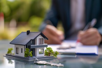 Miniature house and a key with a businessman in the background signing documents