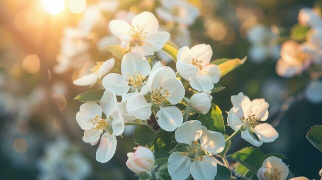 Fresh spring image of white apple tree blossoms with natural sunlight backlight Bright spring bloom with contrasting colors against a dark outdoor garden backdrop