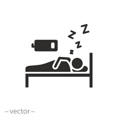battery person energy charging icon, tired man sleep on bed, night rest and recovery,  low charge human, flat symbol on white background - vector illustration