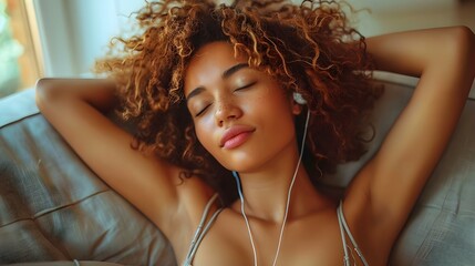 Serenity in Sound: Young Woman Embracing the Calm of Minimalist Melodies. Concept Calm Melodies, Minimalist Music, Serene Sounds, Embracing Serenity, Young Woman Music - obrazy, fototapety, plakaty