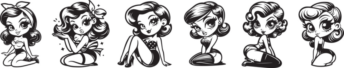 pinup woman retro style, black vector nocolor silhouette, pin up girl vintage monochrome clipart illustration