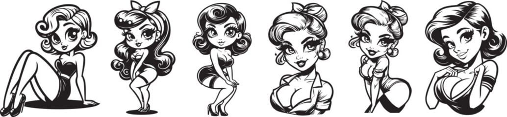 pinup woman retro style, pin up girl vintage monochrome clipart illustration