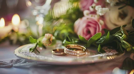 Rolgordijnen Wedding meal including rings and flowers © 2rogan