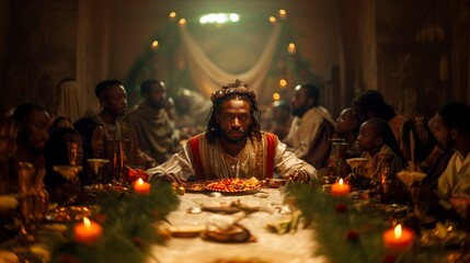 Naklejka premium African Jesus Celebrating Christmas Dinner with a Crowd