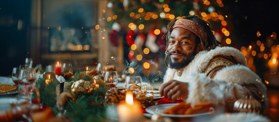 Joyful Afro Jesus Celebrating Christmas Dinner with a Smiling Face, Christmas Tree in Background