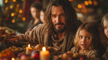 Jesus Celebrating Christmas Dinner with Family in Historic Setting