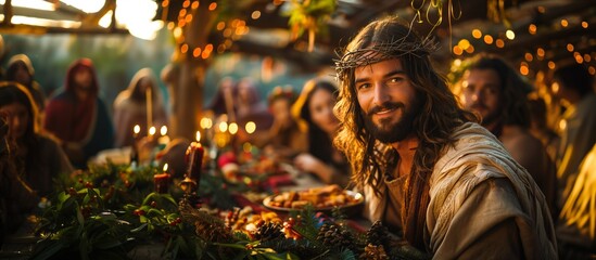 Jesus Christ celebrates Christmas at a large outdoor banquet