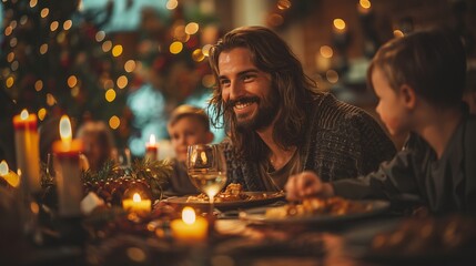 Modern Jesus Dining with Children in Christmas Setting