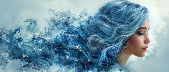 The image of mermaid with blue hair and seagulls is suitable for art design purposes. - obrazy, fototapety, plakaty