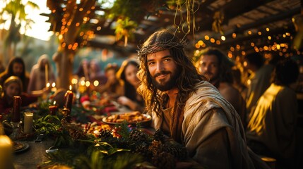 Jesus Christ celebrates Christmas at a large outdoor banquet