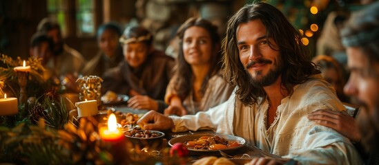 Jesus Celebrating Christmas Dinner with Family in Historic Setting - obrazy, fototapety, plakaty
