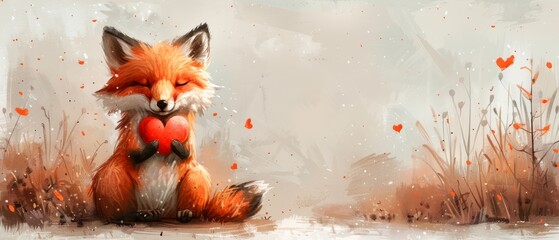 Obraz premium A cute, fluffy fox with a heart, watercolor style illustration, valentines clipart with cartoon character.
