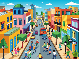 Fototapeta na wymiar A bustling city street filled with colorful buildings and lively pedestrians Illustration