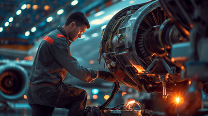 A focused aircraft mechanic inspects airplane, Aircraft Mechanic at Work, avia mechanic