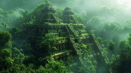 Mystical ancient temple surrounded by lush tropical forest, exuding an air of mystery and history - obrazy, fototapety, plakaty