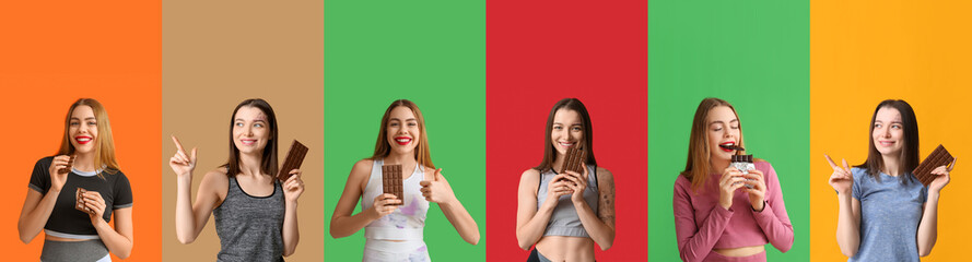 Set of young women with sweet chocolate on color background