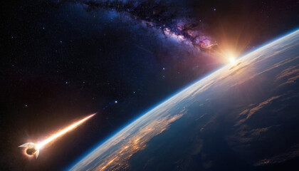 Meteorite asteroid on the planet Earth orbit