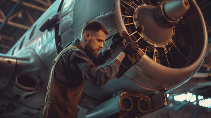 A focused aircraft mechanic inspects airplane, Aircraft Mechanic at Work, avia mechanic - obrazy, fototapety, plakaty