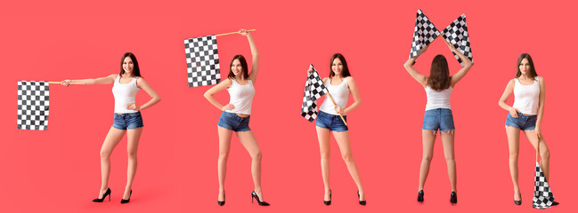 Set of beautiful young woman with racing flags on red background