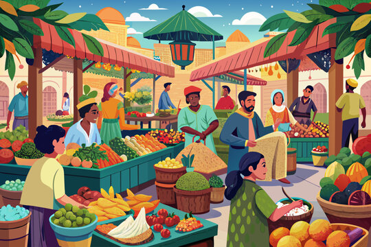 Bustling marketplace with vendors selling exotic fruits and spices Illustration