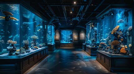 Explore underwater worlds in a modern aquarium with vibrant coral displays and illuminated tanks - obrazy, fototapety, plakaty