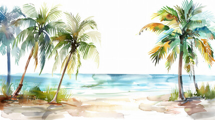 Illustration of palm trees on the beach with ocean sea, watercolor painting of palm trees 