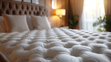 White luxury mattress on bed in bright room. Bedroom interior, comfort sleep, hotel room, travel, vacation concept